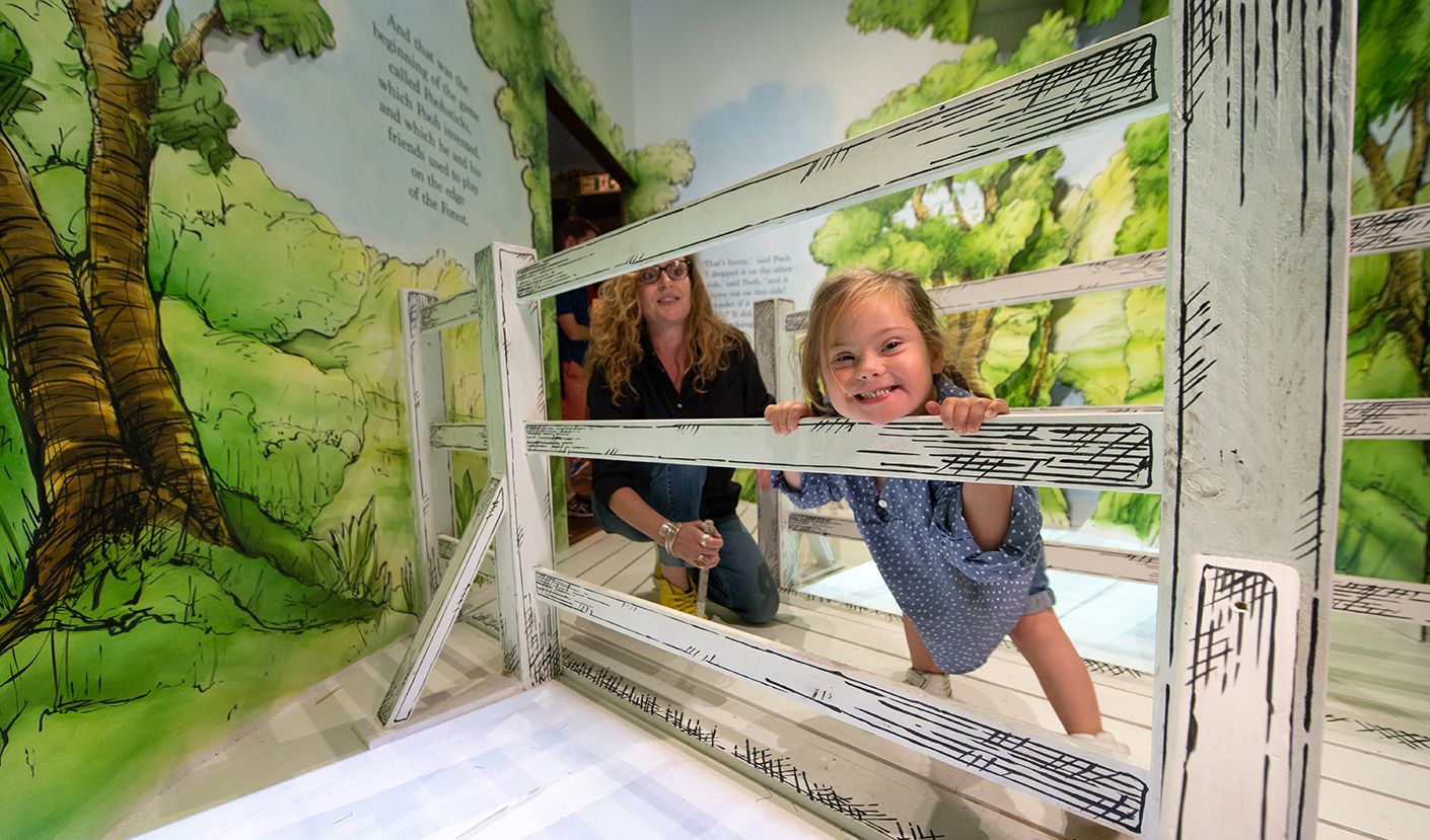 A child leaning through a fence in the Winnie the Pooh story installation