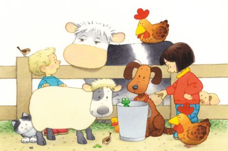 Poppy and sam with farm animals illustration