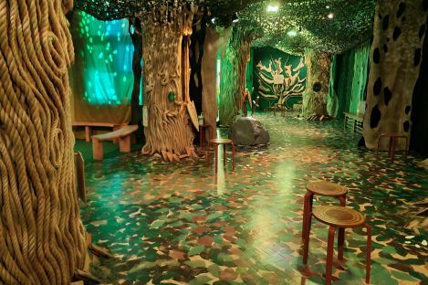 Our Whispering Wood space, with rope trees and leaf-like ceiling