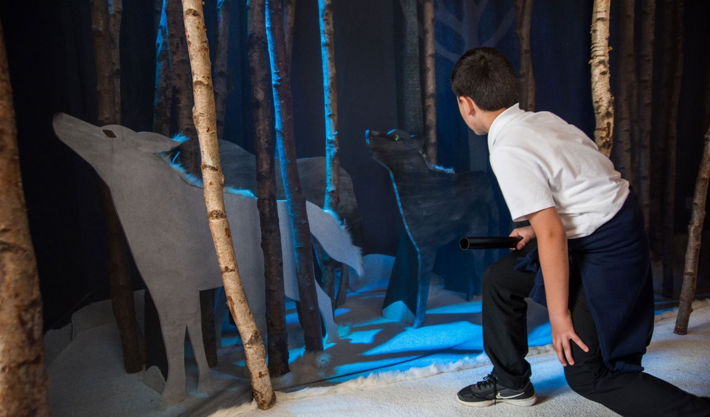 A boy kneeling in our Whispering wood