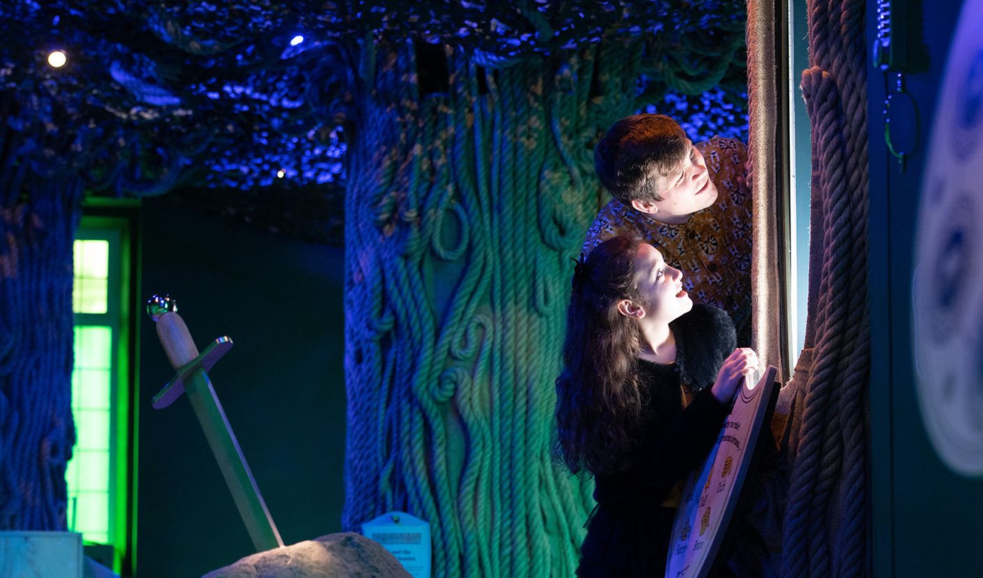 An adult and a child looking up at a tree in the Whispering Wood.
