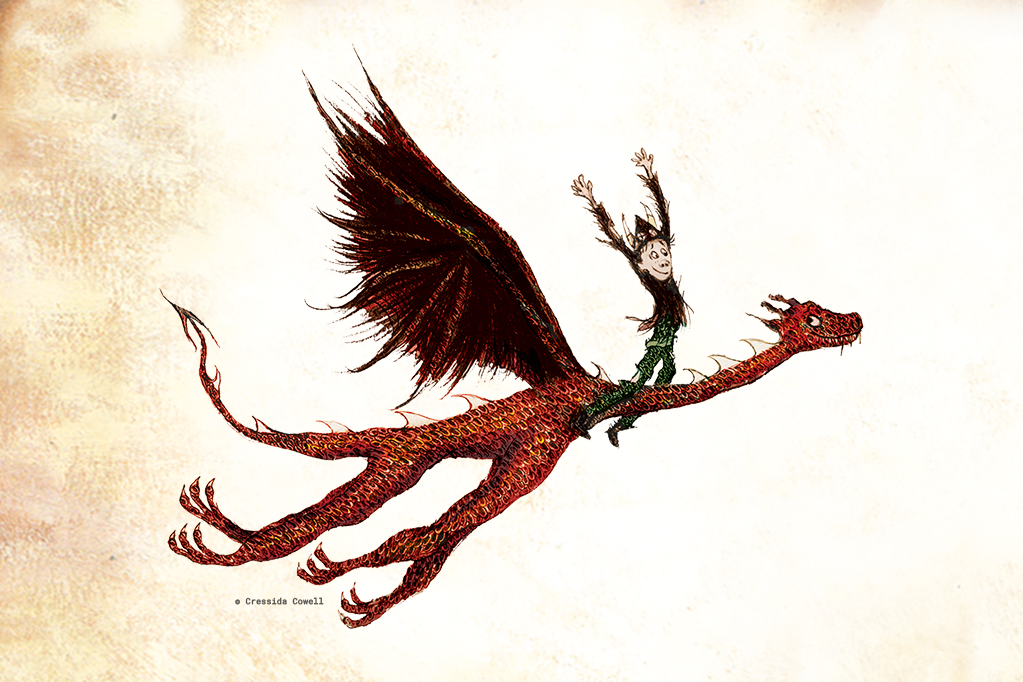 Illustration of viking boy riding flying dragon